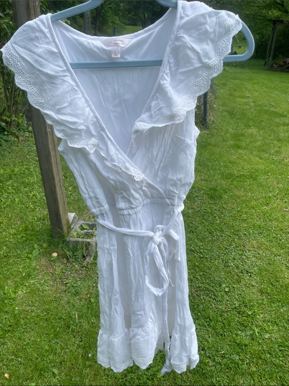 LC Lauren Conrad White Eyelet Ruffle Wrap Dress